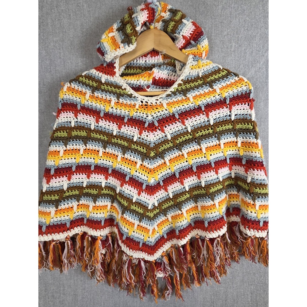 GAP KIDS Girls 8 Vintage 2004 Crocheted Poncho Colorful Fringe Hooded Boho Retro